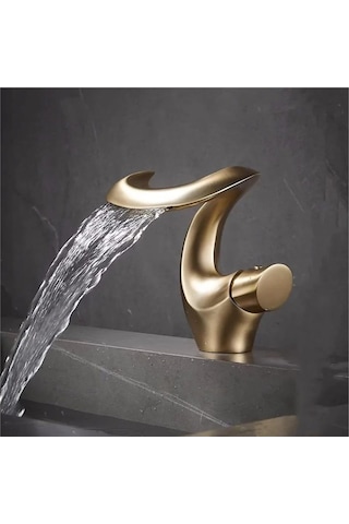 Lüks Gold Şelale Lavabo Bataryası Premium Tek Kollu Tezgah Üstü Musluk Otel Özel Tasarım Gold