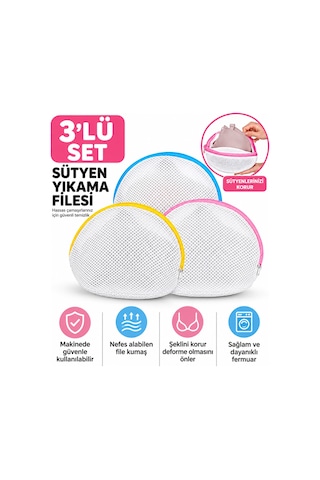 3 Lü Set Sütyen Yıkama Filesi Çamaşır Makinesi Koruyucu File Fermuarlı Hassas Çamaşır Torbası Beyaz