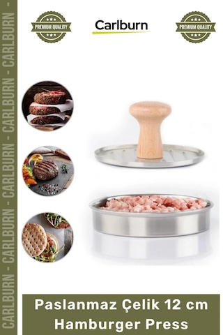 Özel Üretim Paslanmaz Çelik Gövde Ahşap Saplı Izgara Desenli Köfte Şekillendirici 12 Cm Hamburger Pr