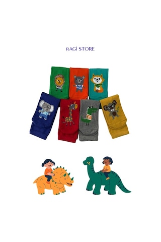 7'li Hayvan Figürlü Renkli Unisex Çocuk Penye Soket Çorap Çok Renkli