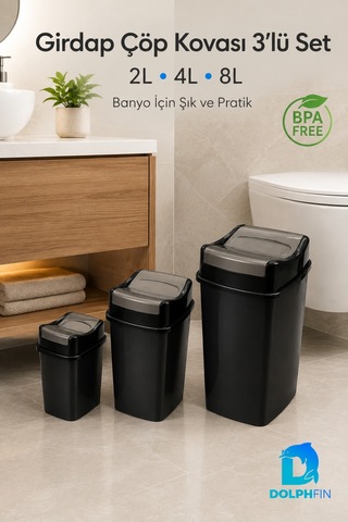 Girdap 3 Lü Sallanır Kapaklı Çöp Kovası Seti 2 L 4 L 8 L Banyo Mutfak Siyah