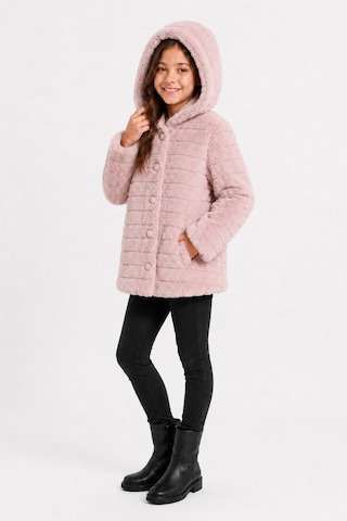 Ahengim Kız Çocuk Kışlık Kapüşonlu Düğmeli Astarlı Yatay Çizgili Peluş Mont Ak4518 Pembe