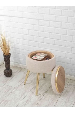 Bella Metal Ayaklı Puflu Teddy Kumaş Puf&sehpa Altın Beyaz Gold White