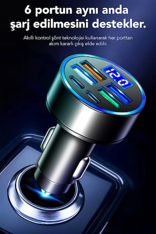 6 Çıkışlı Araç Şarj Aleti - 66w Araç İçi Çakmaklık Süper Hızlı Şarj Aleti Type-c Usb Çıkışlı