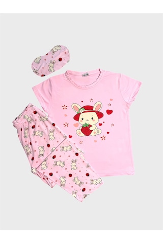 Aliş Kids Anne-kız Çocuk Pamuklu Pembe Tavşan Desenli Kısa Kollu Bisiklet Yaka Yazlık Pijama Takımı