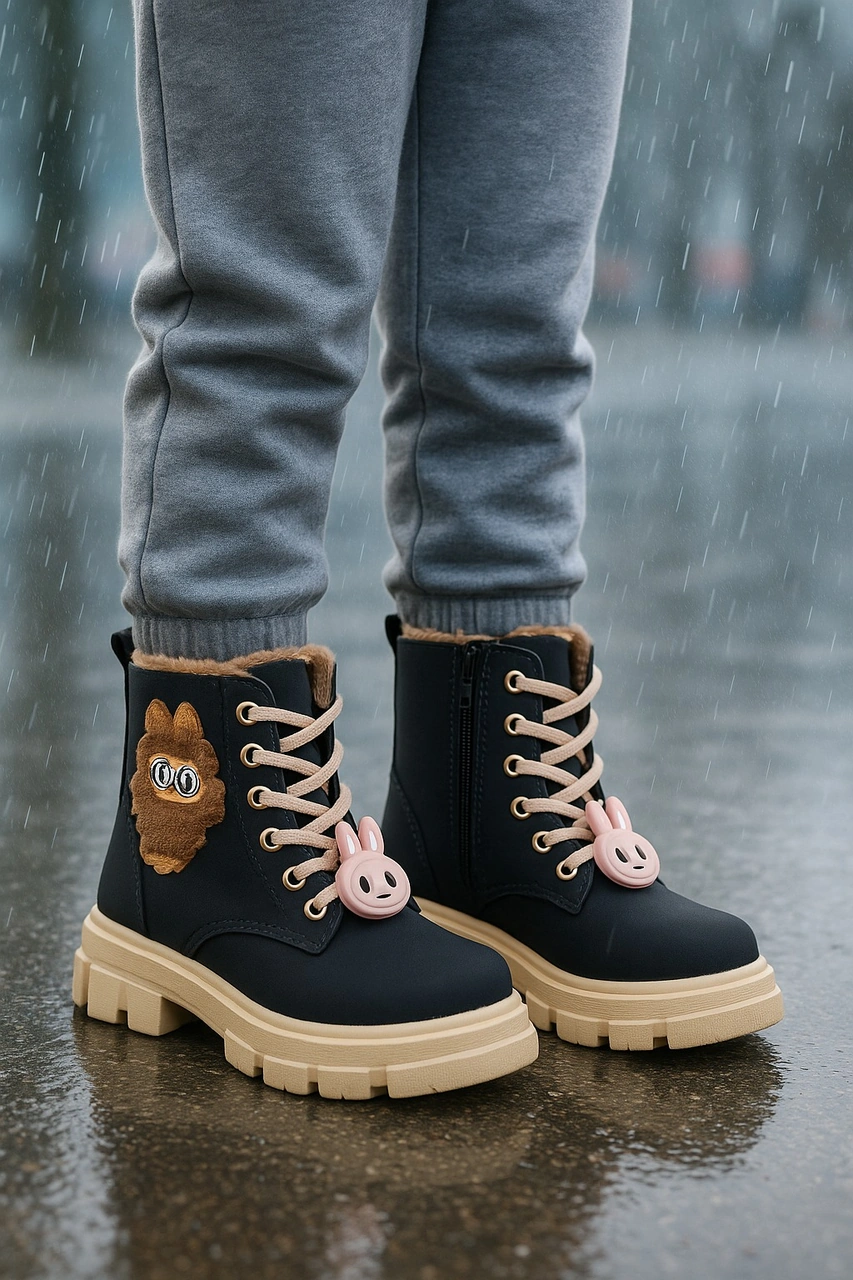 Kız Çocuk Figür Detaylı Fermuarlı Bot Siyah - Sarı