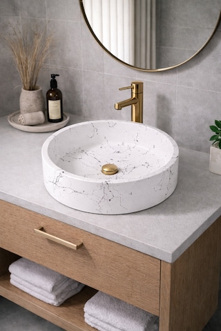 Mermer Desenli Tezgah Üstü Yuvarlak Çanak Taş Lavabo 45 Cm Beyaz