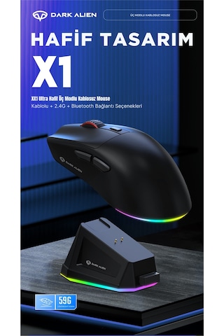 Dark Alien X1 Kablosuz 3 Modlu Oyuncu Mouse- 59 Gram 400 Mah Batarya- Makrolu Diğer