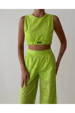 Fashion Cocktail Walk İn Love Geometrik Fistolu Fileli Belden Lastikli Kolsuz Yazlık Spor Crop Bluz Fosfor Neon Yeşil