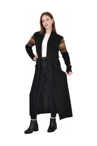 Onno Style Women Kilim Desen Uzun Ceket Siyah