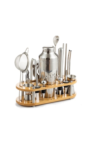 Weichuang01 Bambu Standlı 23 Parça Profesyonel Paslanmaz Çelik Aracı Kokteyl Çalkalayıcı Seti Gümüş