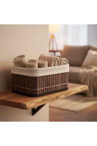 Mini Dikdörtgen Bambu Düzenleyici Ve Saklama Sepeti Gri Ahşap Banyo, Makyaj Ve Ofis Organizeri, Kumaş Astarlı Dekoratif Kutu 20x15x10 Cm Açık Ahşap