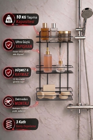 3 Katlı Siyah Yapışkanlı Banyo Rafı, Şampuanlık Duş Düzenleyici, Paslanmaz Metal Banyo Duvar Askısı - TŞ-03
