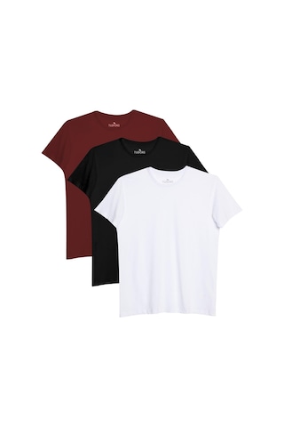 Tudors Unisex 3'lü Paket Siyah-beyaz-bordo Rengi Slim Fit Dar Kesim %100 Pamuk Bisiklet Yaka Tişört-32896 Multi Çok Renkli