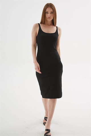 Fashion Friends Kare Yaka Midi Siyah Kadın Elbise 26y0299k1