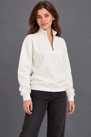 N11 Üç İplik İçi Şardonlu Dik Yaka Yarım Fermuarlı Kışlık Sweatshirt - Beyaz