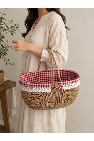 Piknik Sepeti Oval Hasır Detaylı 38 Cm Krem