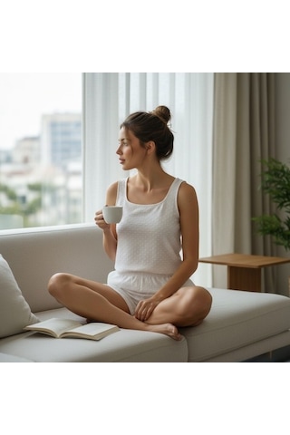 Udenya Pure Dot %100 Pamuk Müslin Yazlık Pijama Takımı Beyaz