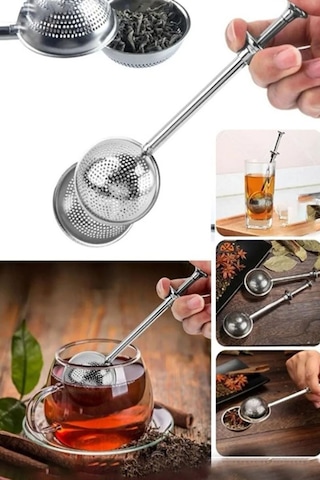 Çelik Tek Hareket Çay Demleme Aparatı Bitki Çayı Süzgeci 18,5x4,5 Cm Çay Kahve Bitki Demleme Süzgeç Gümüş