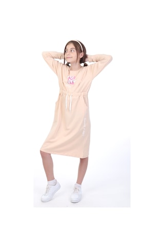 Toontoy Kız Çocuk Neon Baskılı Elbise Bej