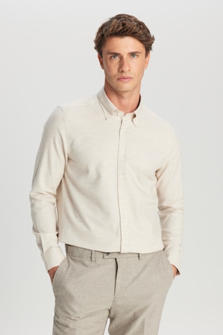 Premıum Altınyıldız Erkek Bej %100 Pamuk Slim Fit Dar Kesim Düğmeli Yaka Diagonal Desenli Flanel Gömlek
