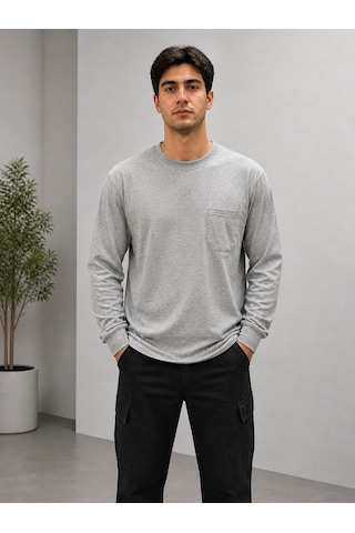 Bisiklet Yaka Gri Sweatshirt Uzun Kollu Kışlık 2 İplik