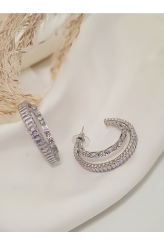 İkili Yarım Halka Model Zirkon Taşlı Antialerjik Vip Halka Silver Renk Küpe Antialerjik Silver