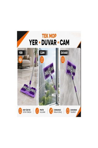 Mandallı Mop Paspas Kıskaçlı Bez Takmalı Yer, Duvar Ve Cam Temizlik Mopu 1 Adet Yedek Bez Hediyeli 180 Döner Başlık Teleskopik Sap 88-132 Cm 2'li Set