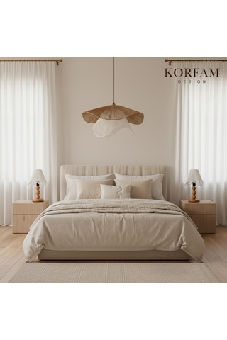 Breeze Modeli Avize & Abajur Set - Hasır El Yapımı Bohem Avize 2'li Ahşap Ayaklı Rustik Abajur Set Beyaz - Kahverengi