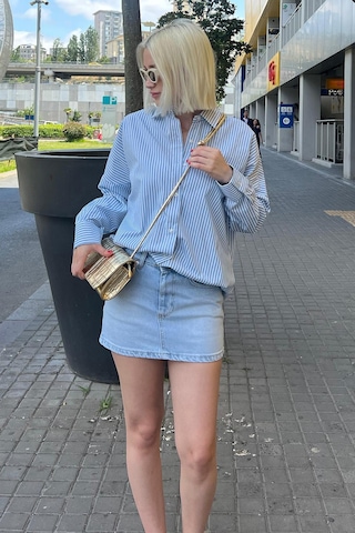 Madmext Mavi Çizgili Over Fit Gömlek Mg1525 Mavi