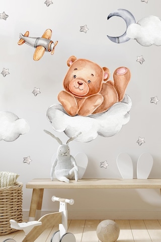 MSticker Bulutta Sevimli Ayıcık Ve Yıldızlar Bulutlar Sevimli Sticker Seti Çocuk Bebek Odası Cam Duvar Sticke