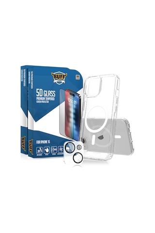 Buff Apple iPhone Uyumlu 15 - 2x5d Ekran Koruyucu + Magsafe Kılıf + Lens Koruyucu Glass Şeffaf