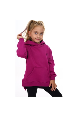 Toontoy Kız Çocuk Oversize Kapüşonlu Cepli Nakış Baskılı Yırtmaçlı Sweatshirt - 3 İplik Şardonlu Mürdüm