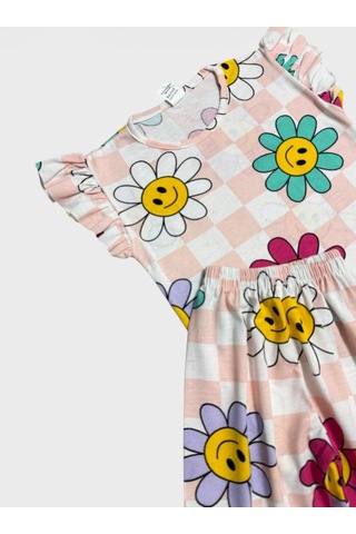 Aliş Kids Kız Çocuk Pamuklu Yavruağzı Papatya Çiçek Desenli Kısa Kollu Şortlu Yazlık Pijama Takımı