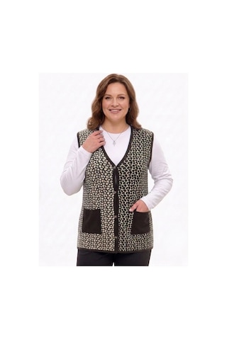 Onno Style Women Çelik Örgü Klasik Leopar Desen Triko Yelek Kahverengi