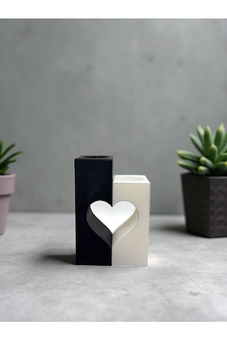 Kalp Detaylı İkili Led Tealight Mumluk Siyah Beyaz Romantik Dekoratif Set