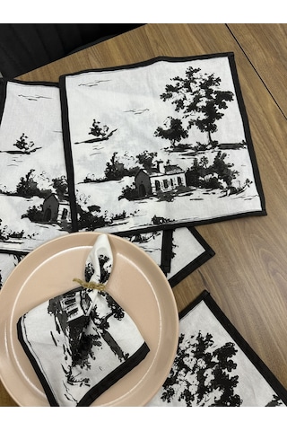 Toile De Jouy Monet Amerikan Servis 6 Lı Set 30x30 Cm %100 Pamuk Dijital Baskılı Country Tarzı Fransız Masa Dekoru - Zt730 Siyah