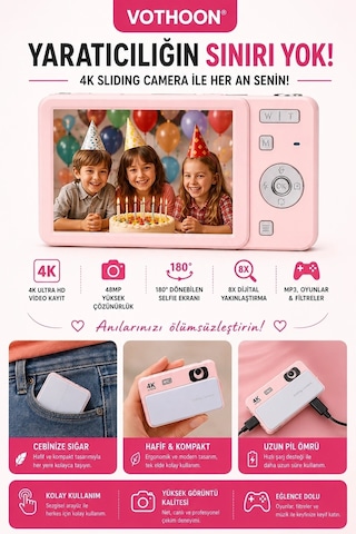 Dijital Kamera 4k Hd 48mp 8x Zoom Flaşlı Kayar Retro Video Kamera 2.4 Ekran 64gb Sd KartPembe Na Belirtilmemiş