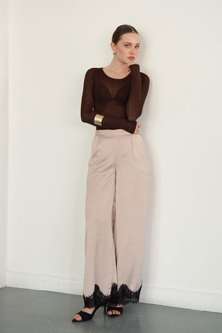 Verymoda Paçası Dantelli Saten Pantolon D2969 Taş