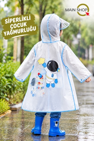 Mainshop Şeffaf Siperlikli Ve Çıtçıtlı Sevimli Figürlü Su Geçirmez Çocuk Yağmurluk 7-8 Yaş M - L Mavi
