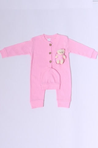 Hçm Bebek Tulum Şapka Hediyeli Düğmeli Ayıcık Detaylı C32 Pembe