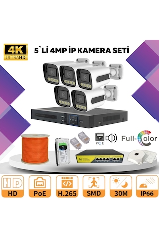 5'li Güvenlik Ip Kamera Seti - 4mp Dış Mekan Kamera, 3.6mm Lens, H.265, Poe, Warm Led Gece Görüşlü