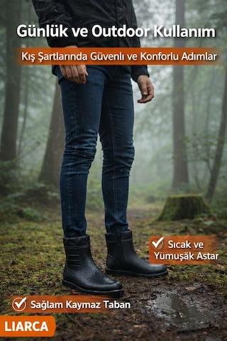 Erkek Kar Botu İçi Yünlü, Fermuarlı, Suya Dayanıklı, Kışlık... Siyah