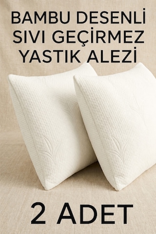 Bambu Desenli Sıvı Geçirmez Yastık Alezi 2 Adet Fermuarlı 50x70 Cm Yastık Kılıfı Beyaz