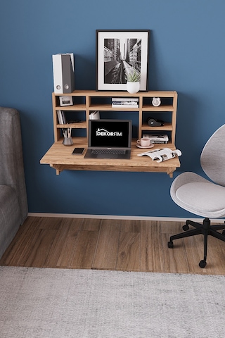 Df01104cm Duvara Monte Katlanır Çalışma Masası Raflı Duvar Masası, Minimal Tasarım Atlantik Çam