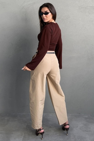 Madmext Bej Modern Kesim Kemerli Yüksek Bel Bol Paça Kumaş Pantolon Mg2618 Bej