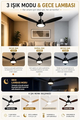 132 Cm Akıllı Tavan Vantilatörü Kumandalı & App Kontrollü 6 Kademeli Sessiz Led Tavan Fanı 3 Işık M Çok Renkli 83529189