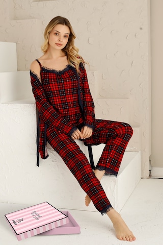 Nisanca Sabahlıklıklı 3 Parça Çeyizlik Kutulu Kadın Pijama Takımı- Dantelli Kutulu Kadın Pijama- Geniş Beden Aralığı Kırmızı