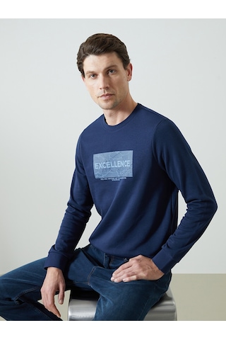 Lcwaıkıkı Classic Lacivert Bisiklet Yaka Uzun Kollu Baskılı Erkek Sweatshirt