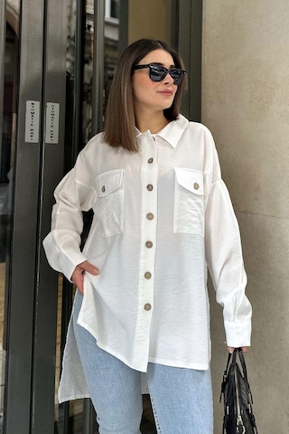 WeShaya Kadın Beyaz Balon Kol, Pileli, Yırtmaçlı, Oversize, Keten Tunik Gömlek Beyaz
